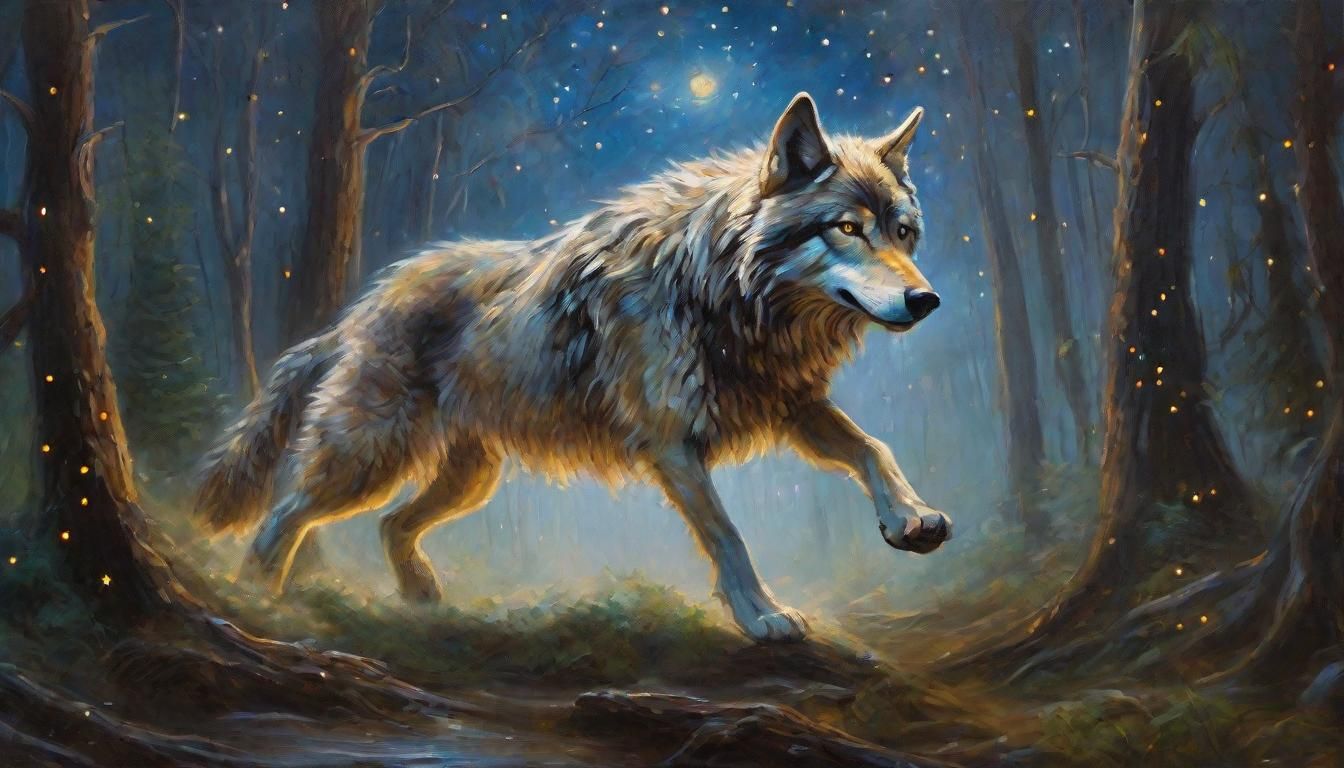 Wolf Runs Through Misty Forest Oil Painting