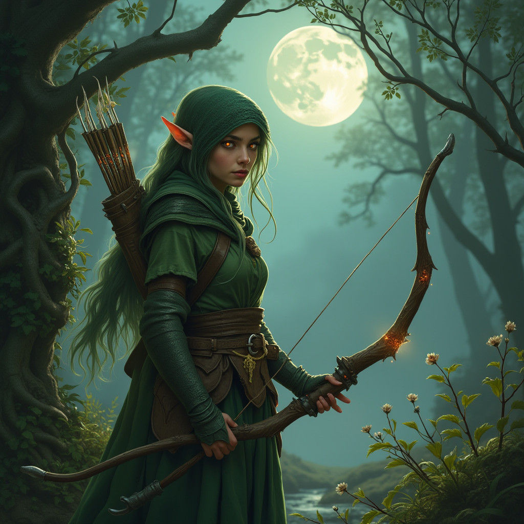 Elven Huntress in Misty Woods: Fantasy Concept Art