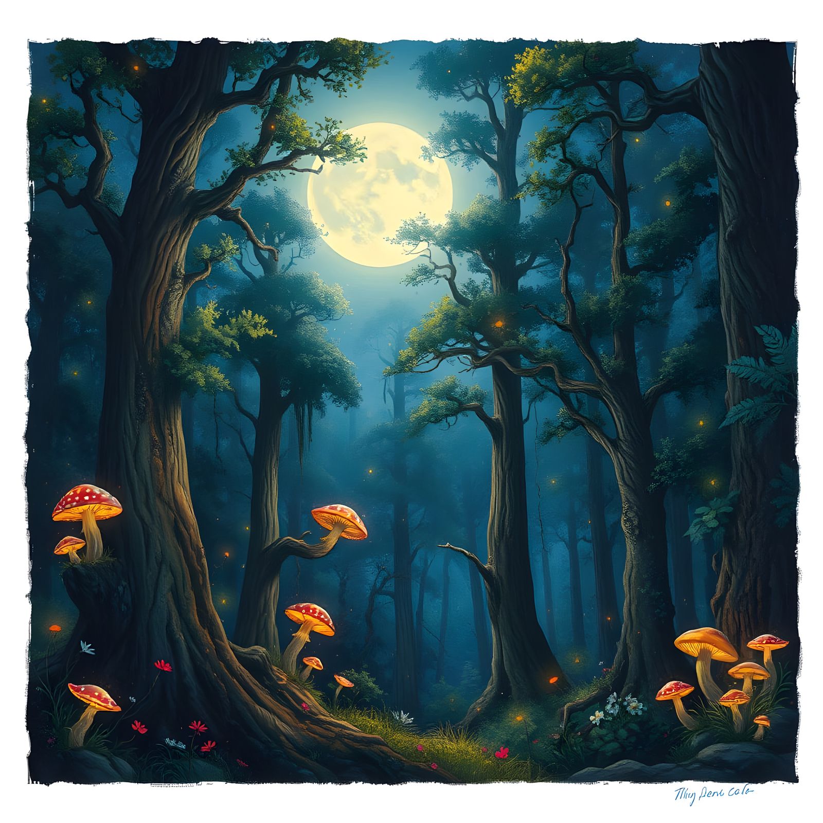 Moonlit Forest in Vibrant Colors as Gouache Painting