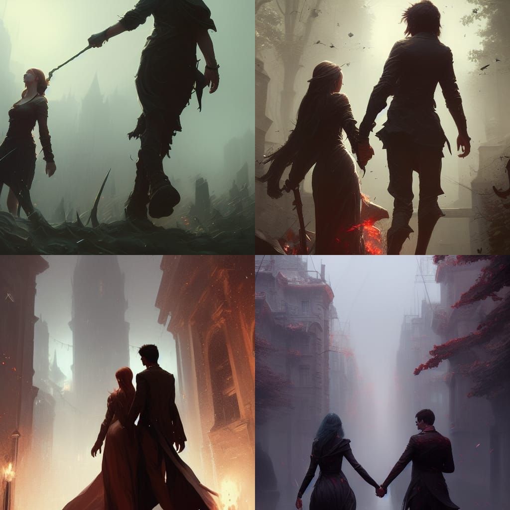 Romantic Couple Walking in Dark Fantasy Art