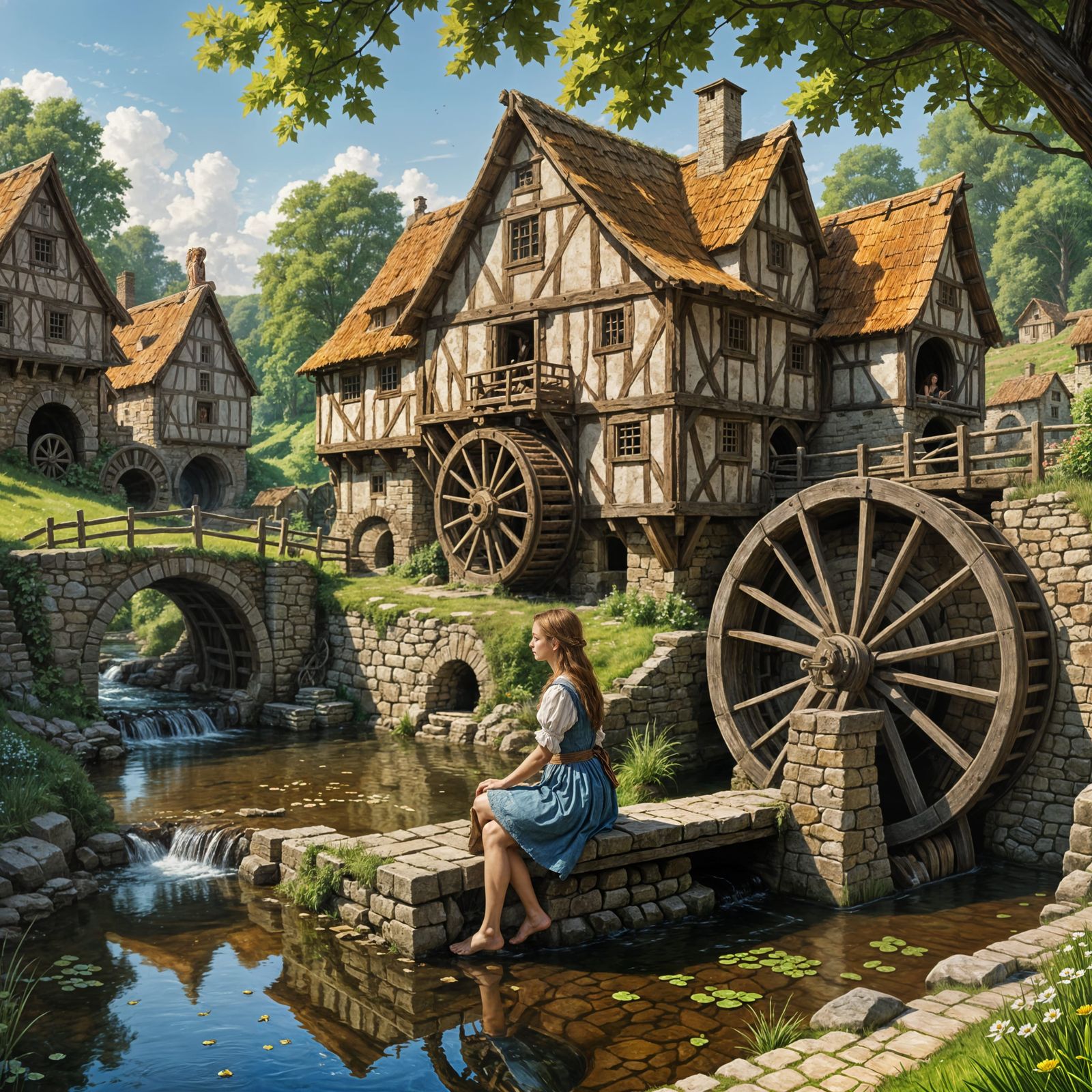 Fairy Tale Watermill Scene with Pretty Female Wench