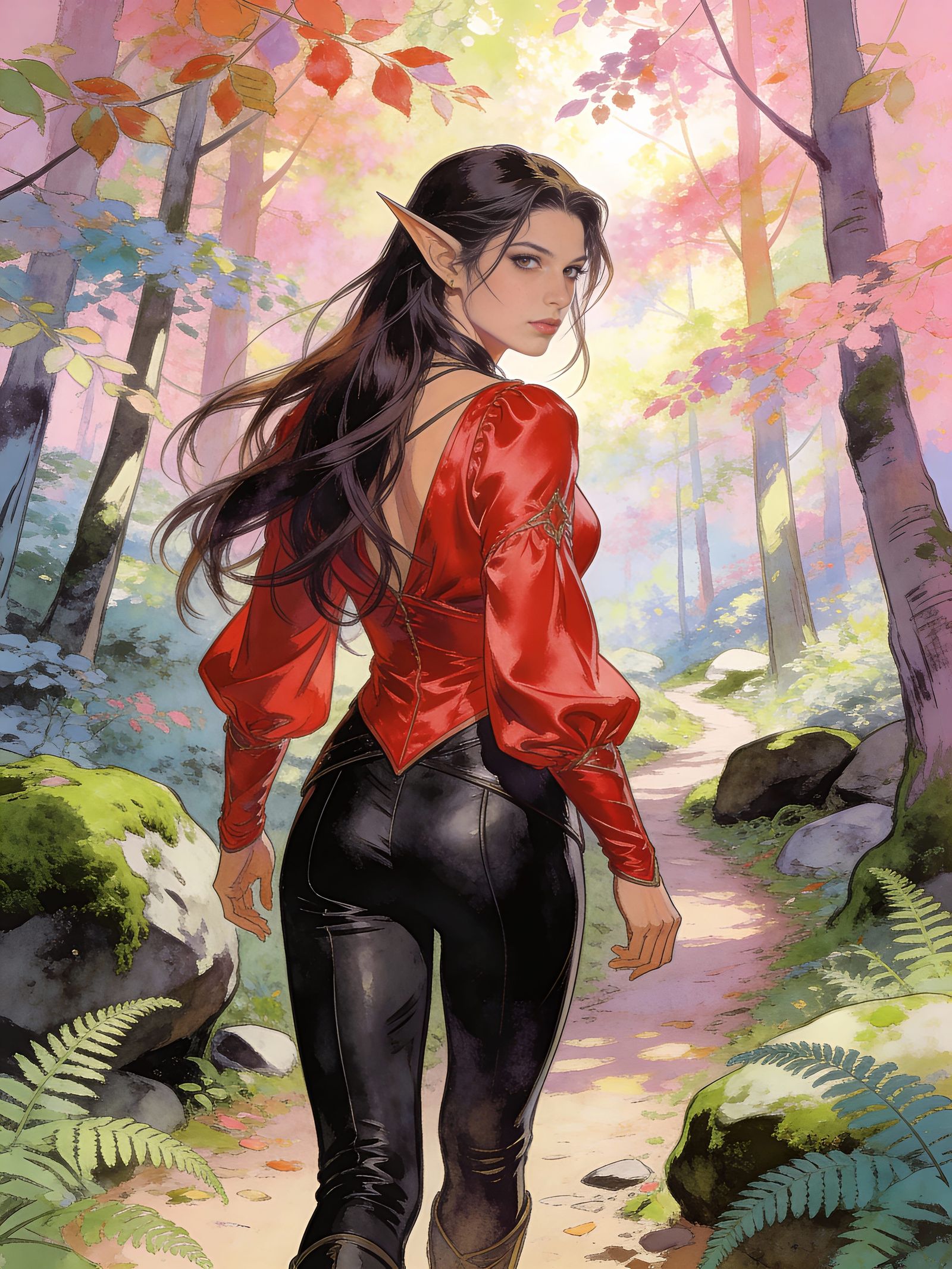 Fantasy Elf Adventuress in Silk Tunic in Vibrant Pastel Fore...