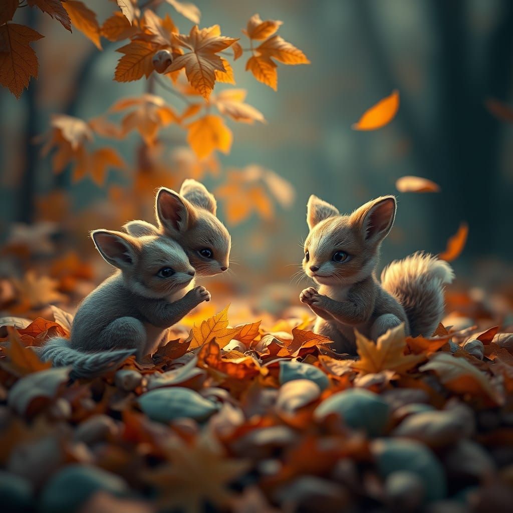 Cute Animals Playing In Fall Leaves: Fantasy Art