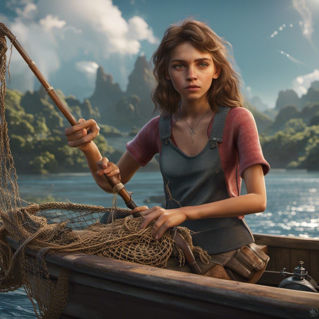 Photorealistic One-Eyed Girl Fishing on Boat
