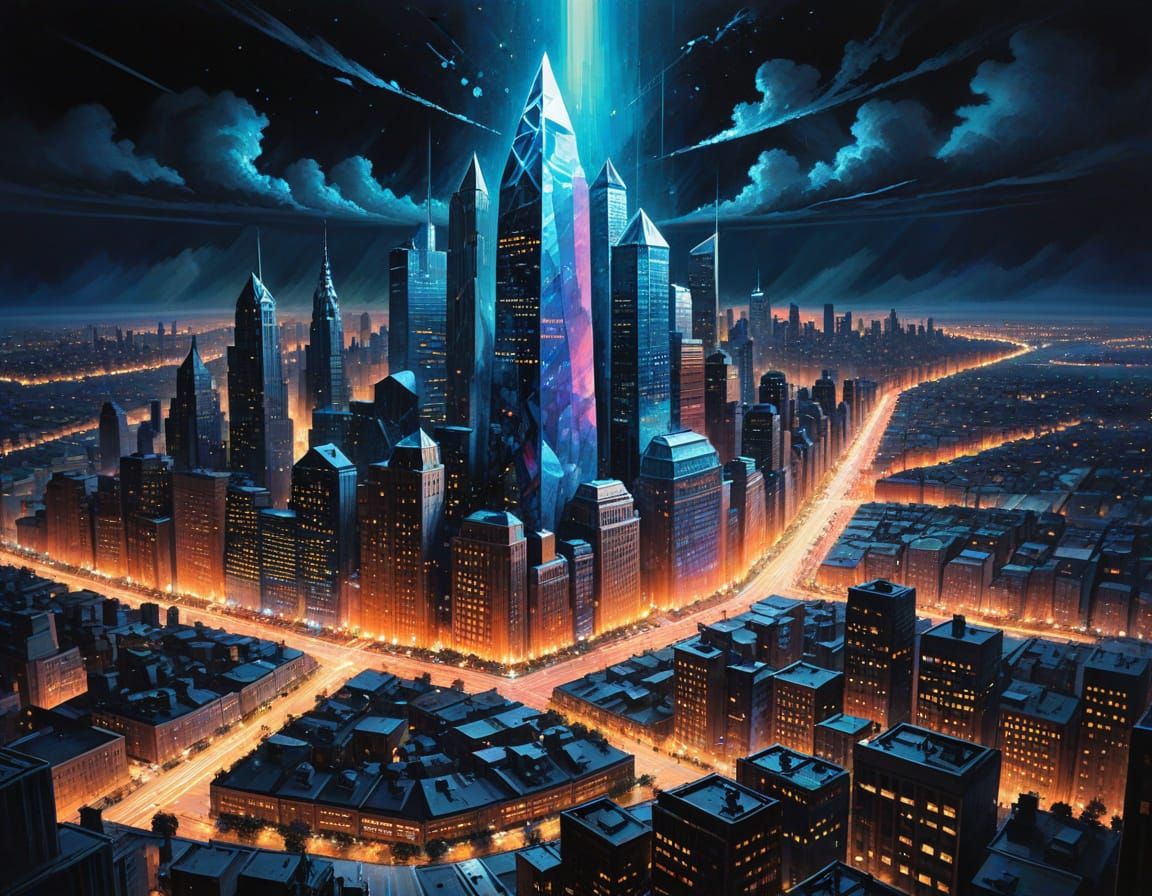 Epic Prism Cityscape in Vibrant Gouache Colors