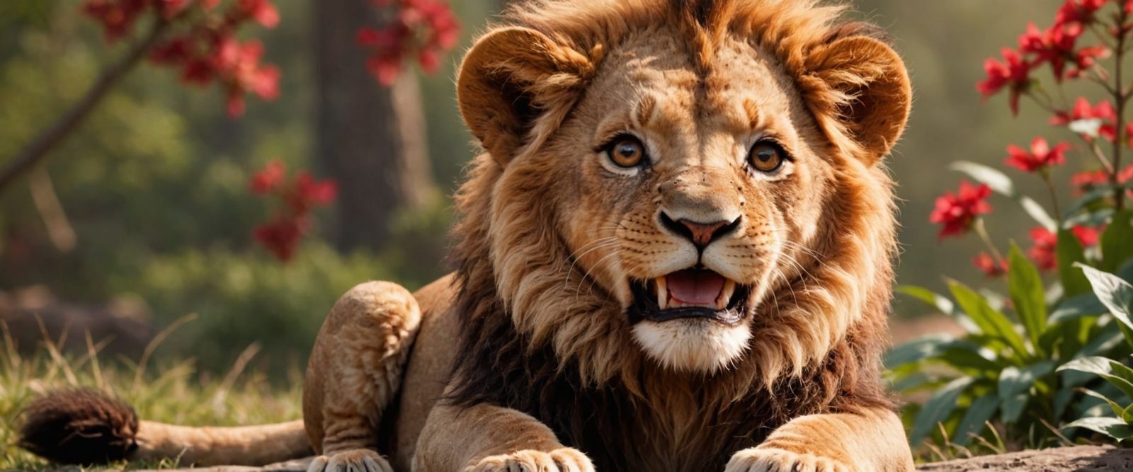 Adorable Lion Smiles in Vibrant Red Disney Art