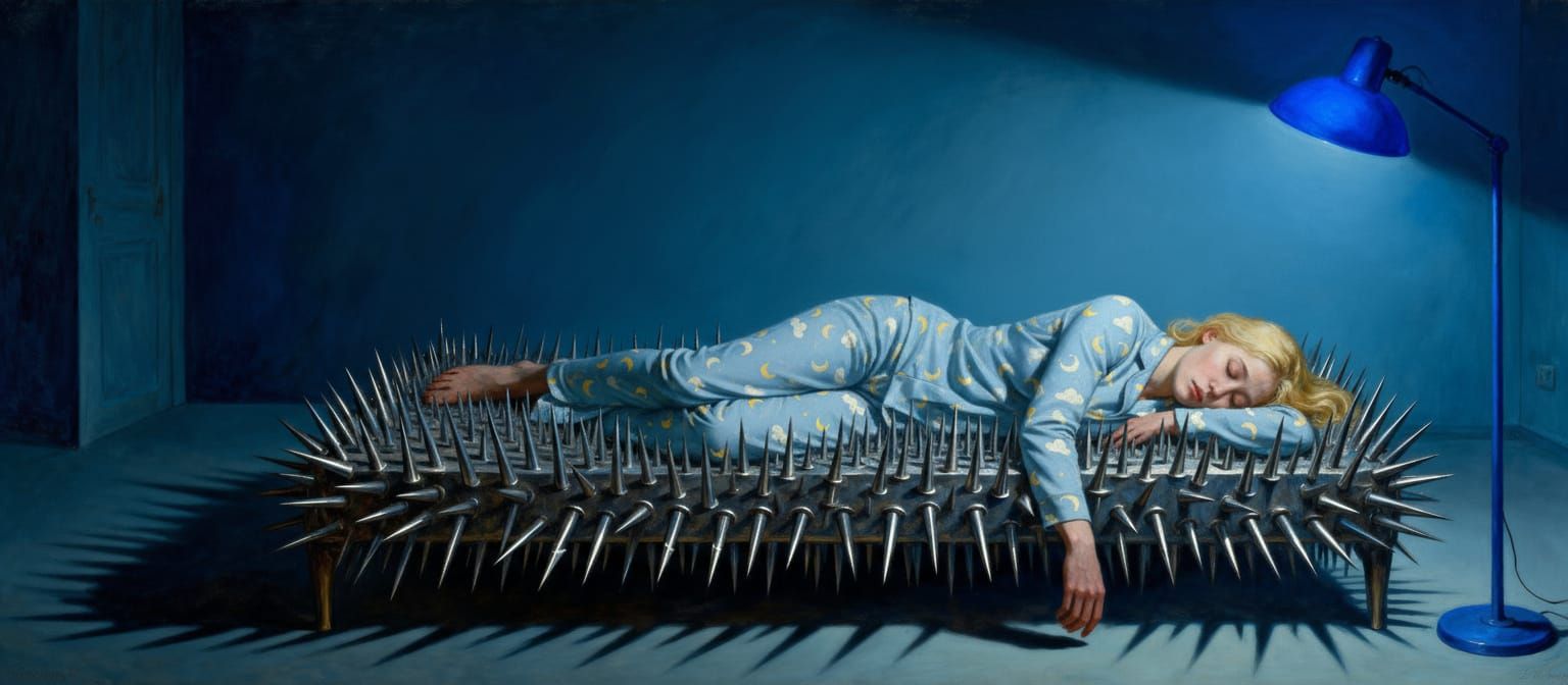 Woman With Insomnia Rests on Bed of Nails