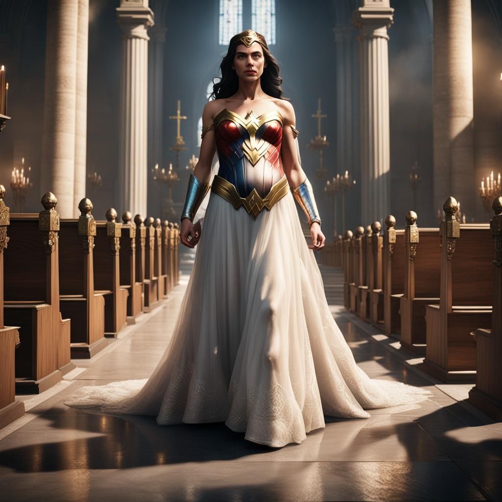 Pregnant Wonder Woman in Wedding Dress, Realistic Digital Ar...