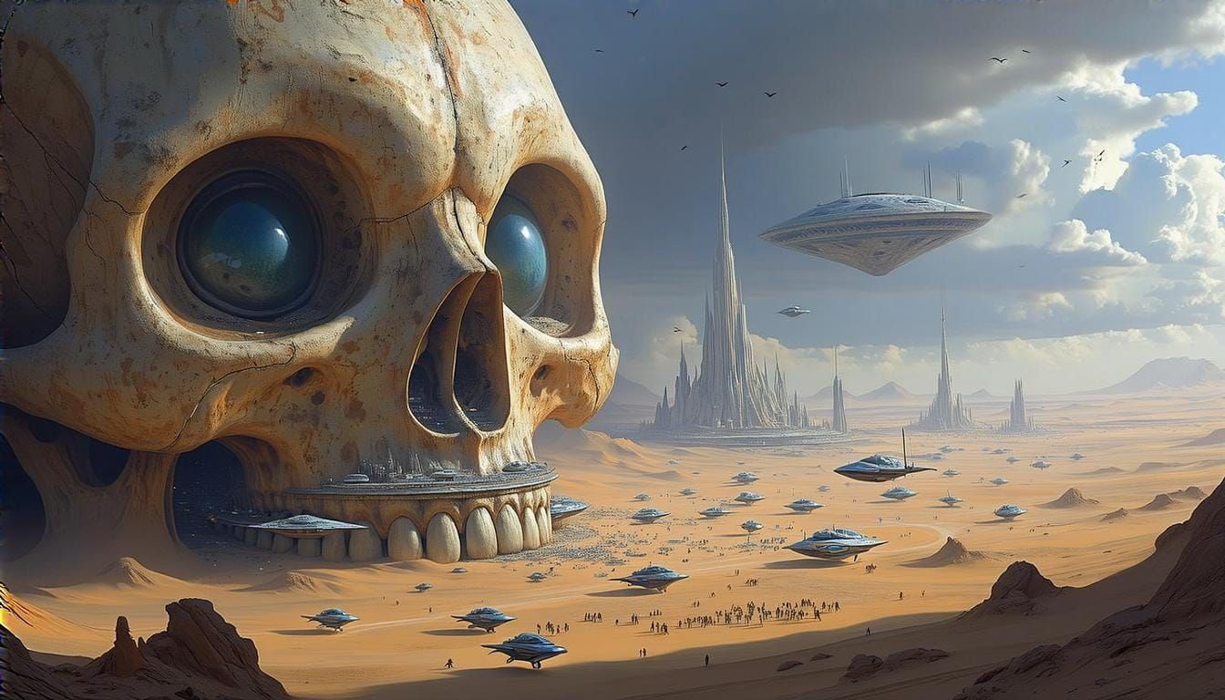 Alien Skull Metropolis in Vast Desert Landscape