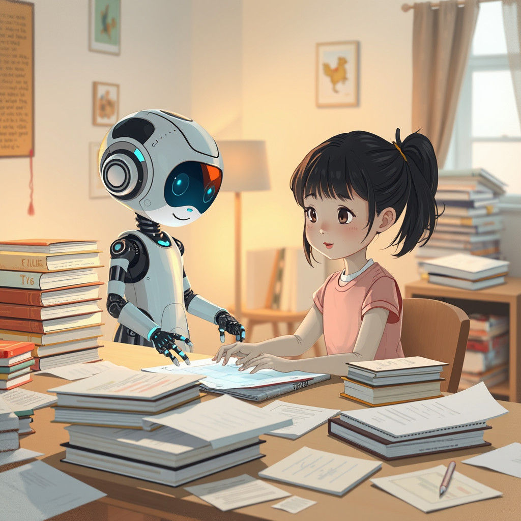 Girl and Futuristic Doll Doing Homework in Miyazaki Style