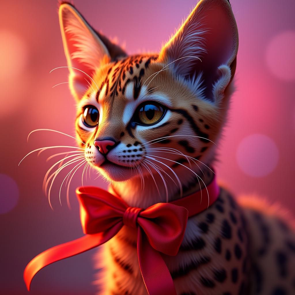 Ocelot in Bowtie with Shimmering Fur, Hyperrealistic