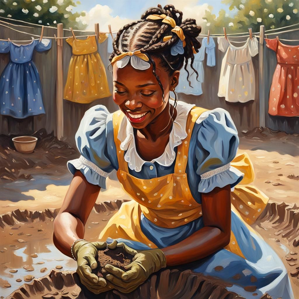 Happy Girl Making Mud Pies: Oil Painting in Rockwell Style