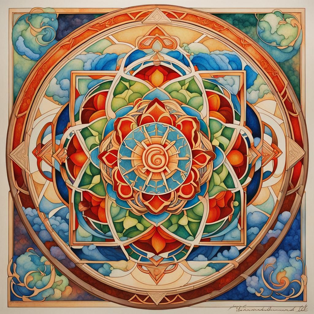 Four Elements Mandala in Sacred Geometry Style