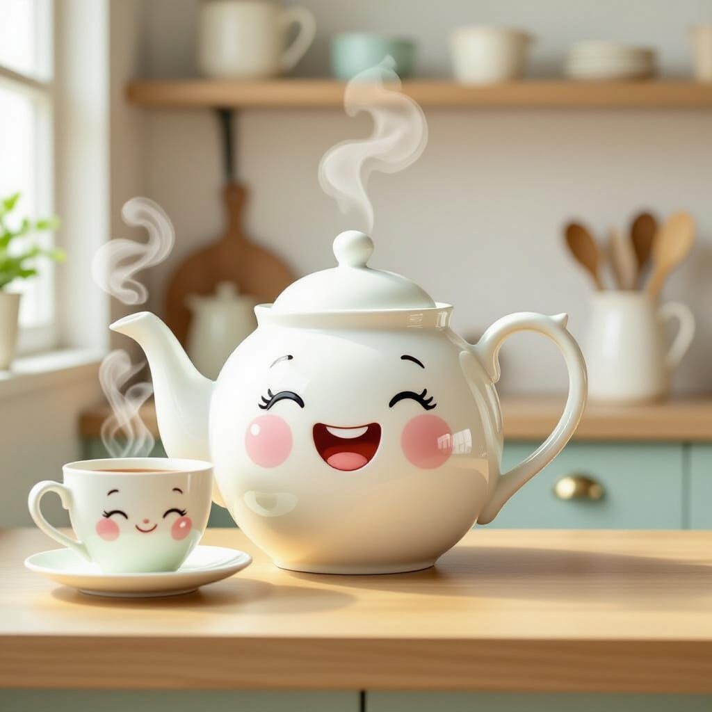Cheerful Teapot and Teacup in Whimsical Digital Art Style