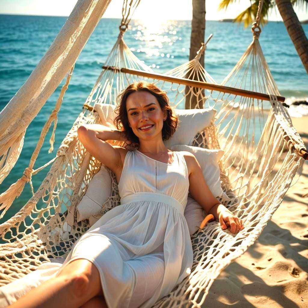 Woman in Hammock by Ocean: Hyperrealistic Cinematic Image
