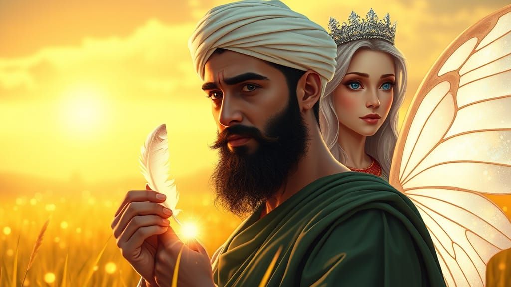 Ancient Style Portrait of a Man with Fairies in a Golden Mea...