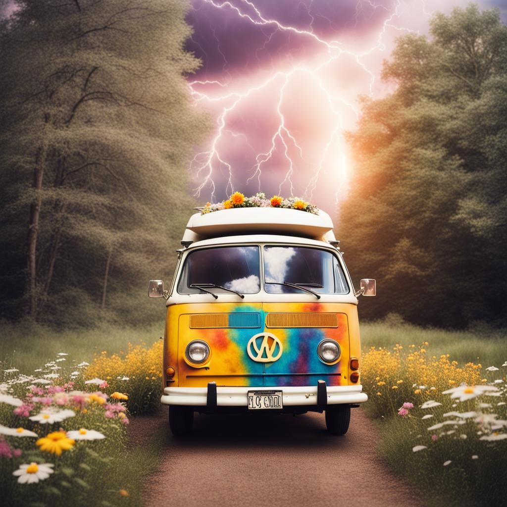 Hippie Van in Thunderstorm: Vintage Polaroid Style
