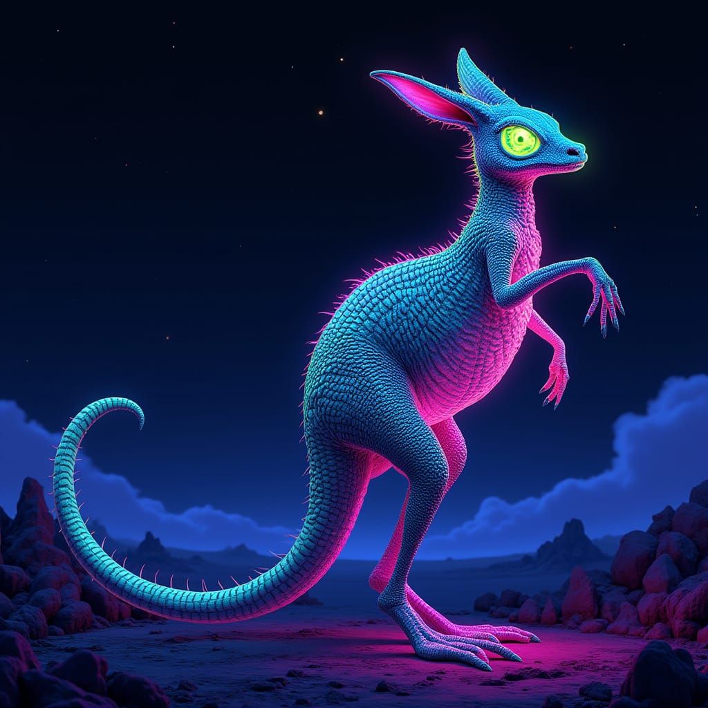 Electric Dreamglow Skinkaroo in Neon-Lit Alien Savannah