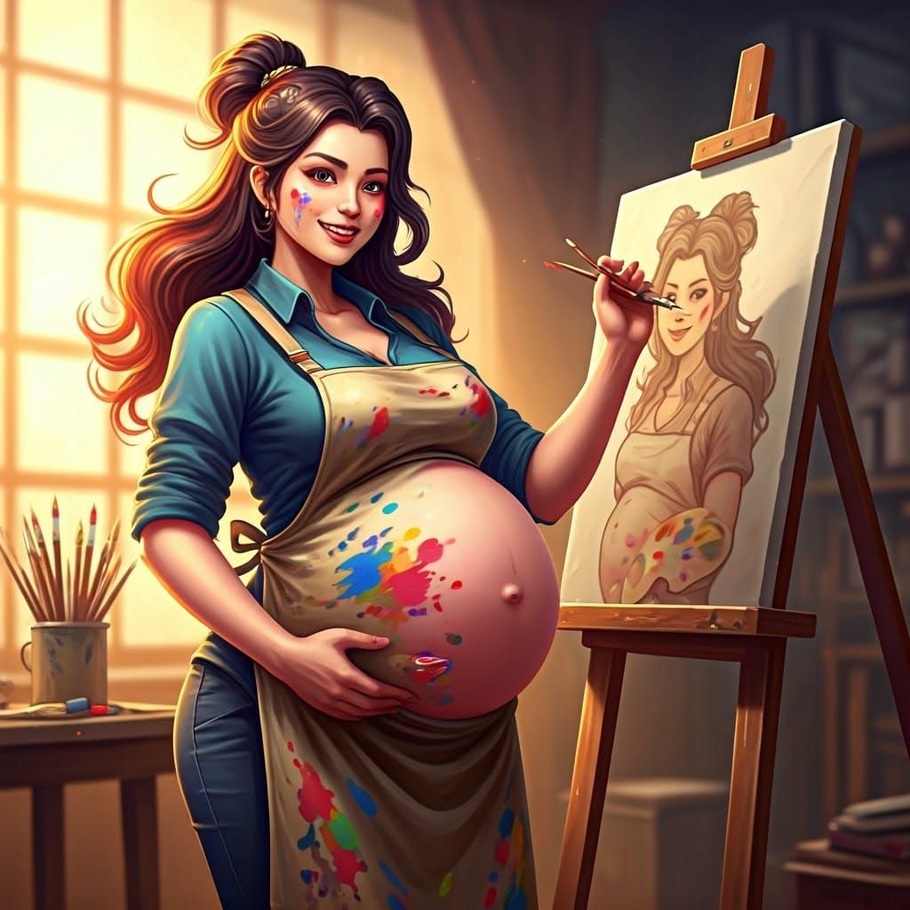 Pregnant Artist Self-Portrait in Detailed Concept Art