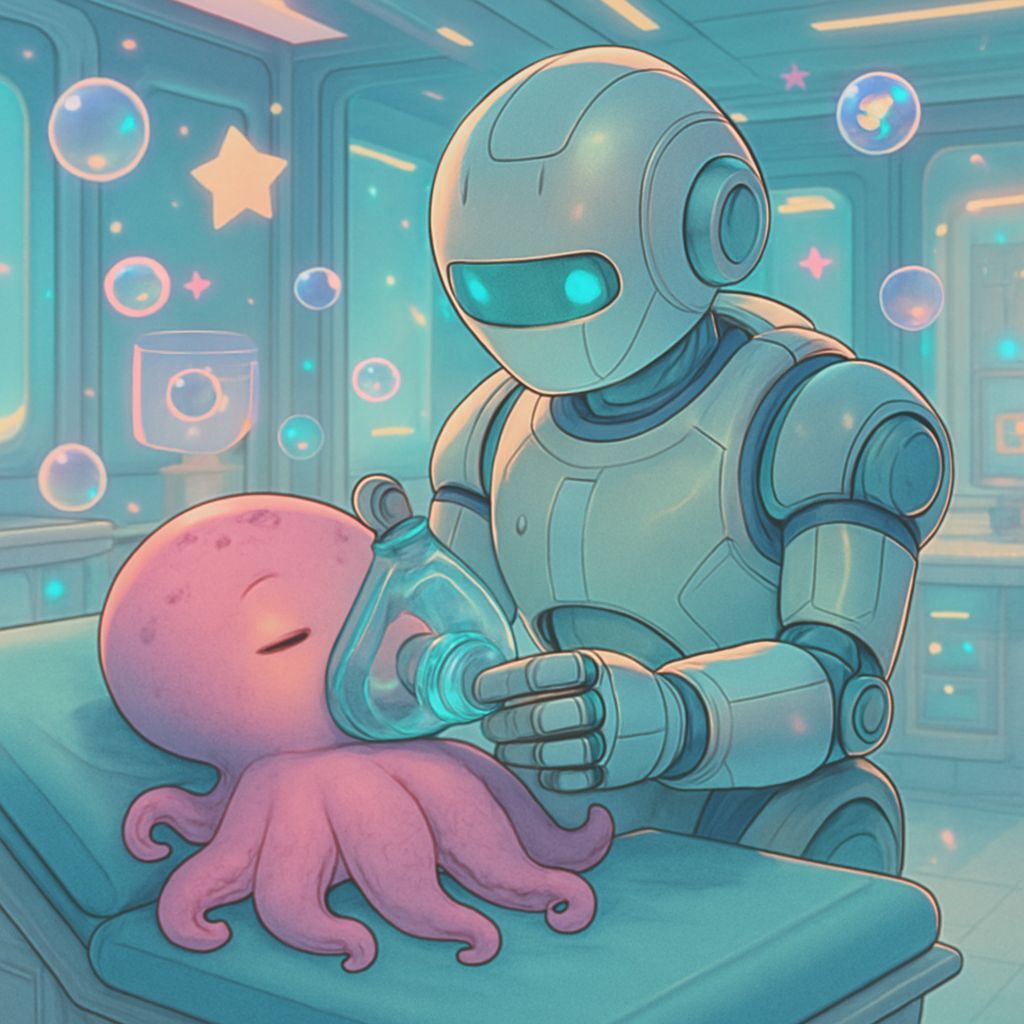 Neon Futurism Meets Anime: Robot Doctor and Baby Kraken