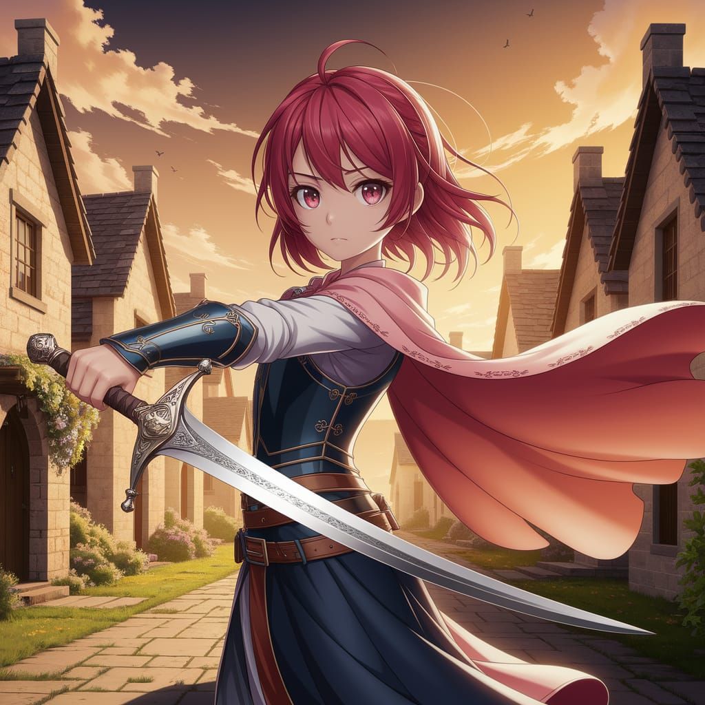 Medieval Maiden Wields Sword in Sunset Village