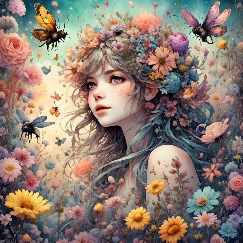 Cute Kitten Watching Bumblebees in Watercolor Style