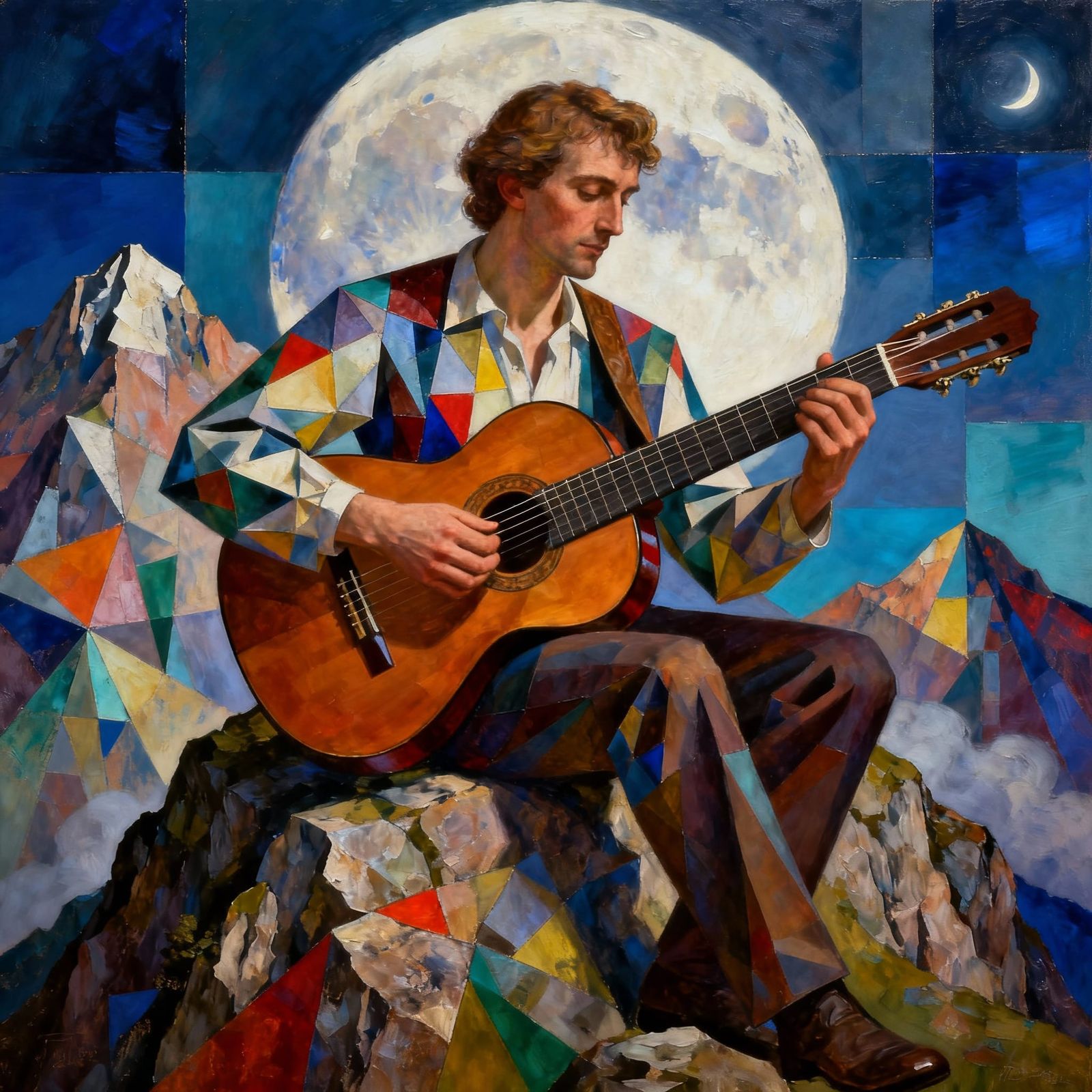 Man Playing Guitar Under Moonlight, Fantasy Oil Painting