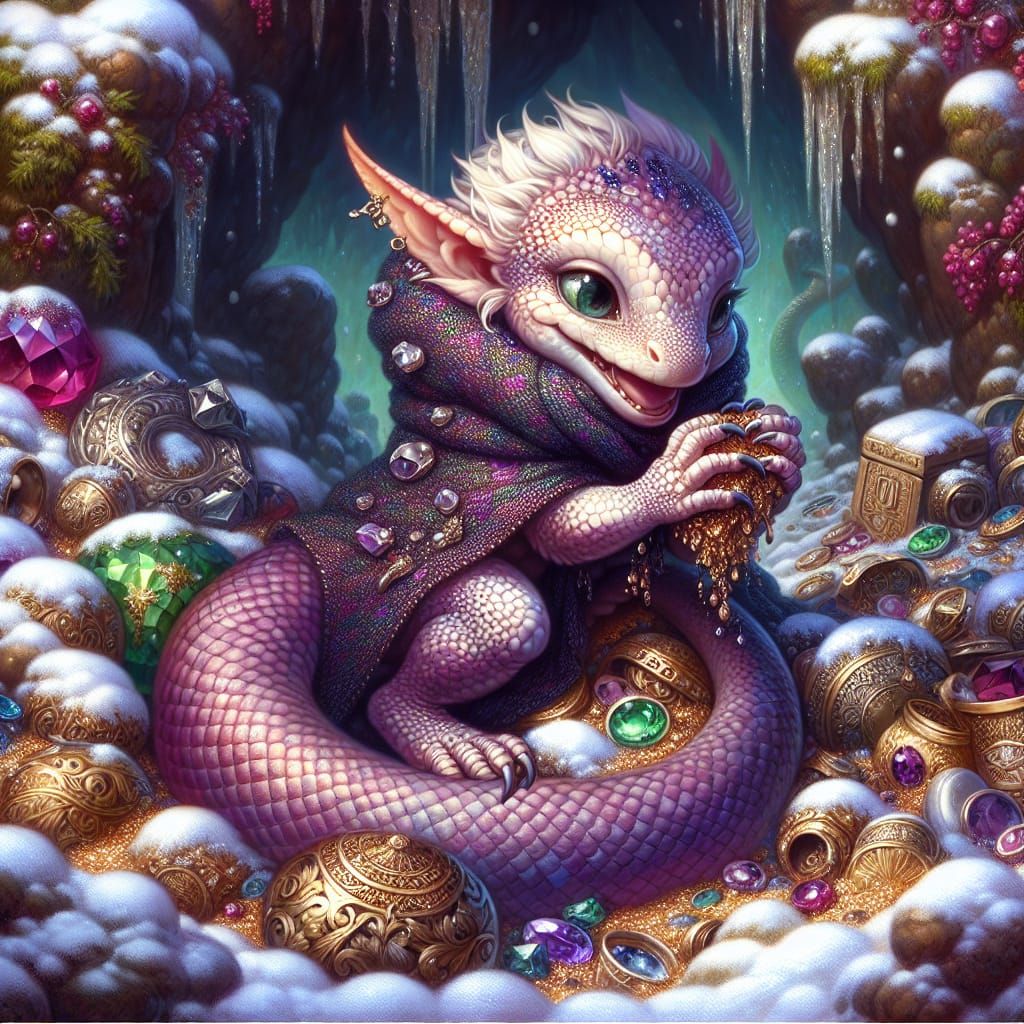 Amethyst Lizard Playing in Treasure, Detailed Fantasy Art