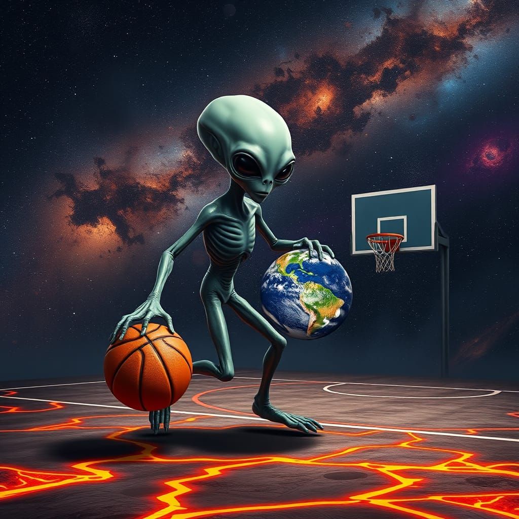The universe can be seen in the background, an alien is playing basketball on a basketball court. The basketball court h...