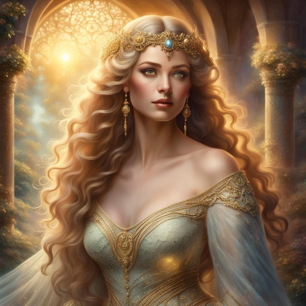 Enchanting Fantasy Goddess in Warm, Golden Light
