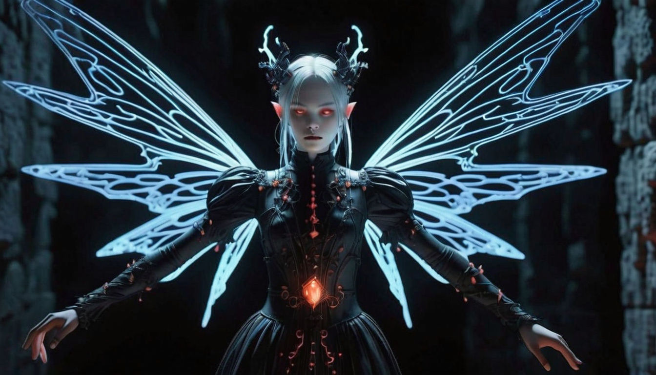 Onyx Gothic Fairy with Glowing Circuits in Dark Catacomb
