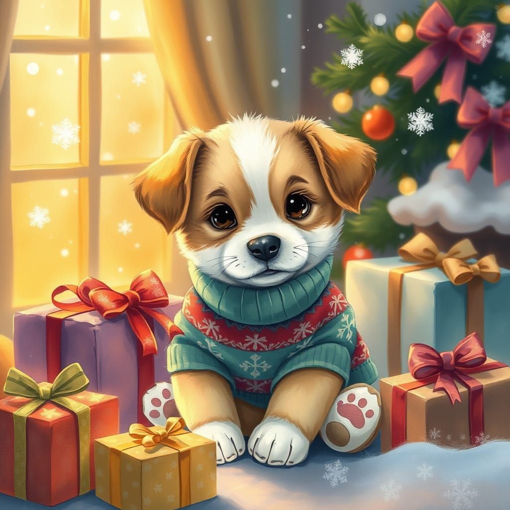 Cozy Christmas Pup Surrounded by Holiday Cheer
