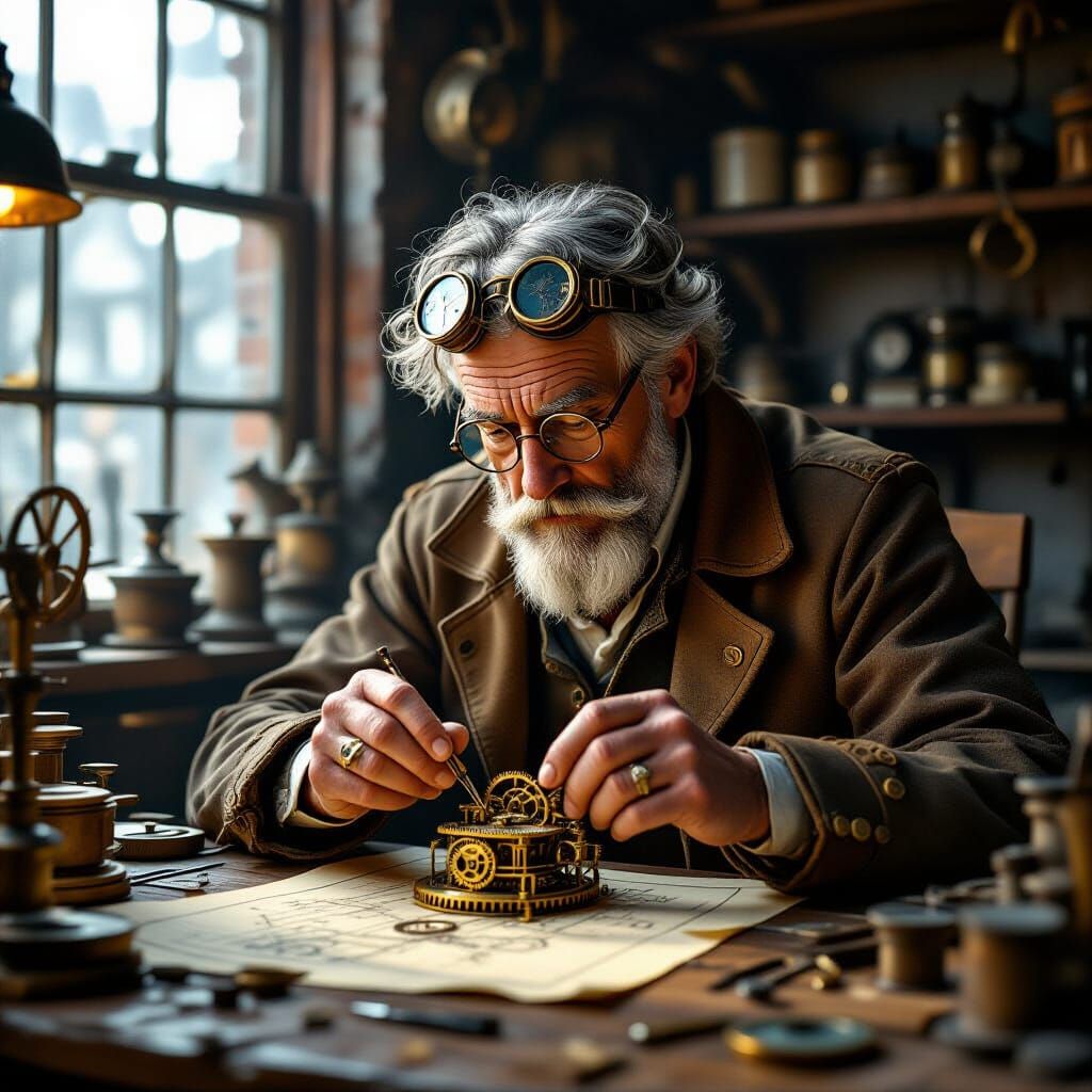 Steampunk Inventor's Clockwork Workshop in Photorealistic St...