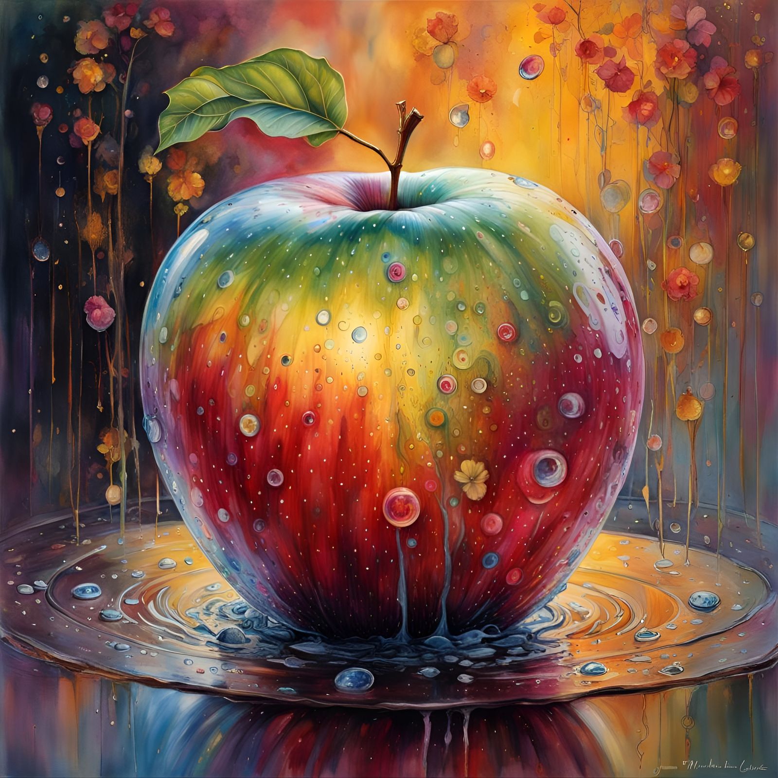 Hyperrealistic Apple in Glass Enclosure, Watercolor Style