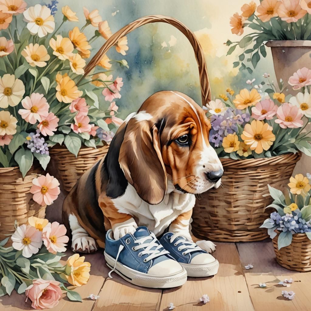 Basset Hound Puppy in Watercolor Illustration