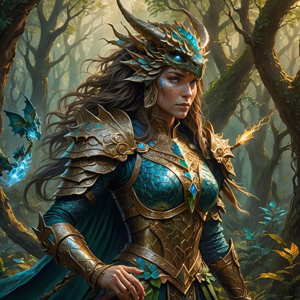 Bronze Dragonborn Sorceress Casting Spell in Forest