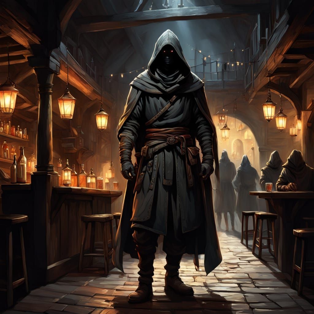 Mysterious Hooded Figure in Lively Tavern