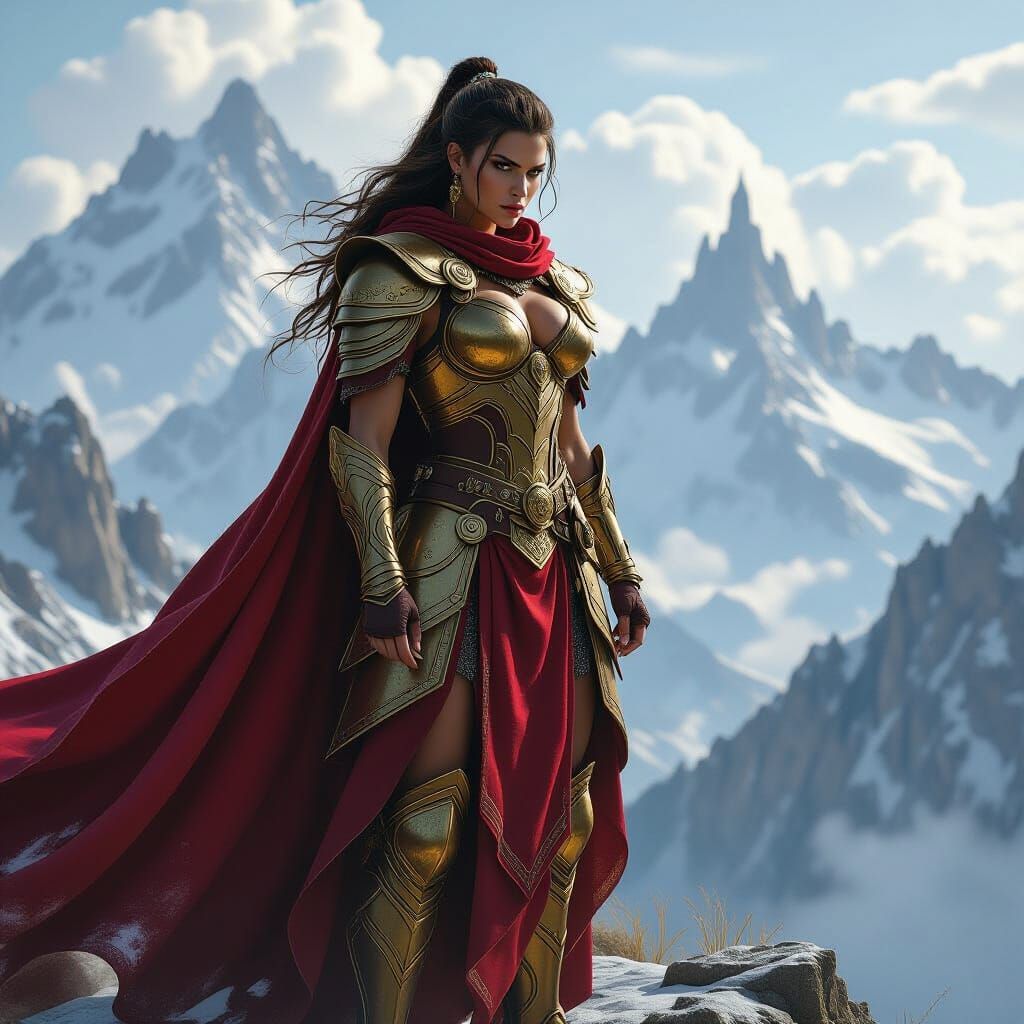 Barbarian Queen on Mountain Peak, Photorealistic Style