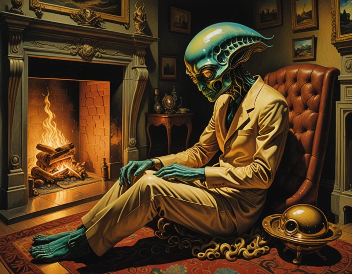 Surreal Alien Sits by Warm Fireplace with Pet Human