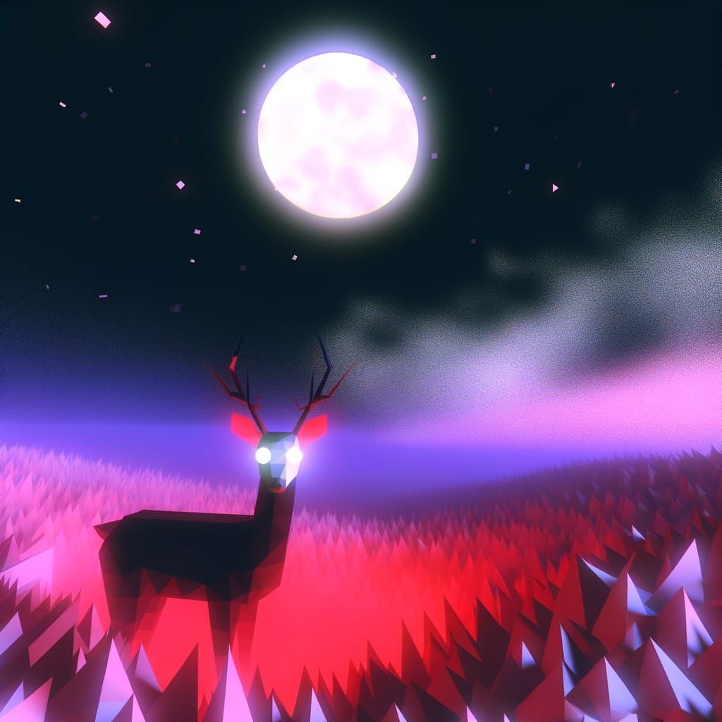 Ethereal Cursed Deer Under Low-Poly Moonlight