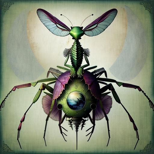 Uncanny Being Rides Mantis in Surreal Flora