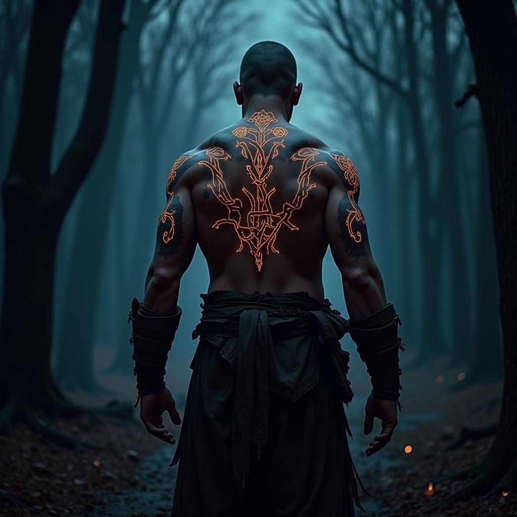 Mystical Tattooed Figure in Dark Fantasy Landscape