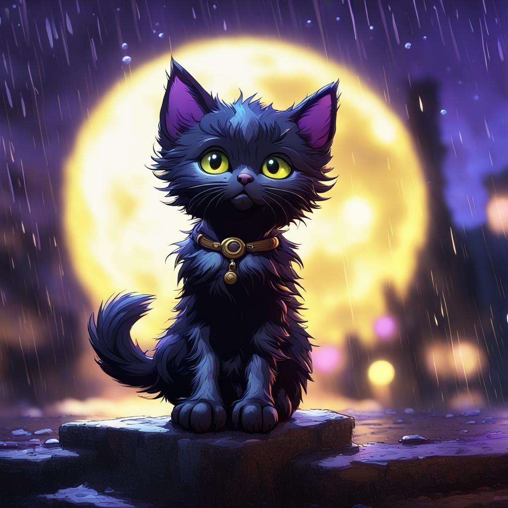 Black Kitten in Rainy Moonlight: Dark Fantasy Art