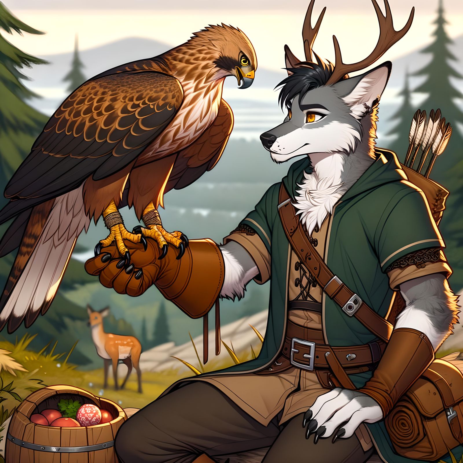 Deerwolf Falconer and Eagle in Cartoon Style