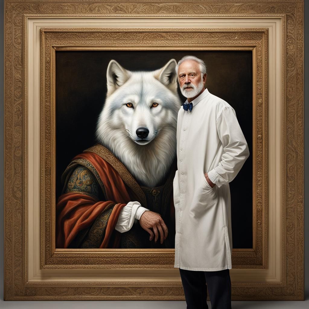 White Wolf Gazing at Mona Lisa: Leonardo da Vinci Style