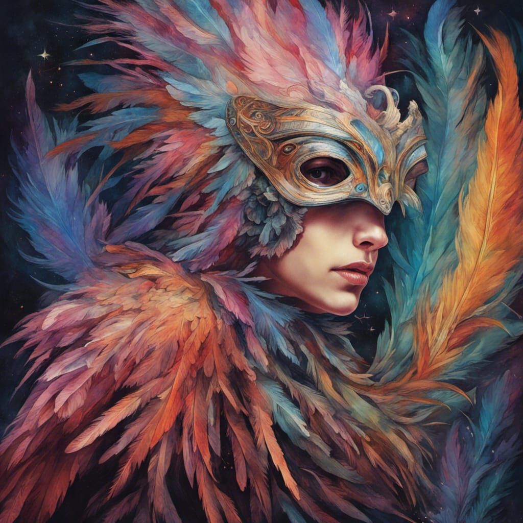 Fairy Bird Person with Beak Mask, Astral Illustration