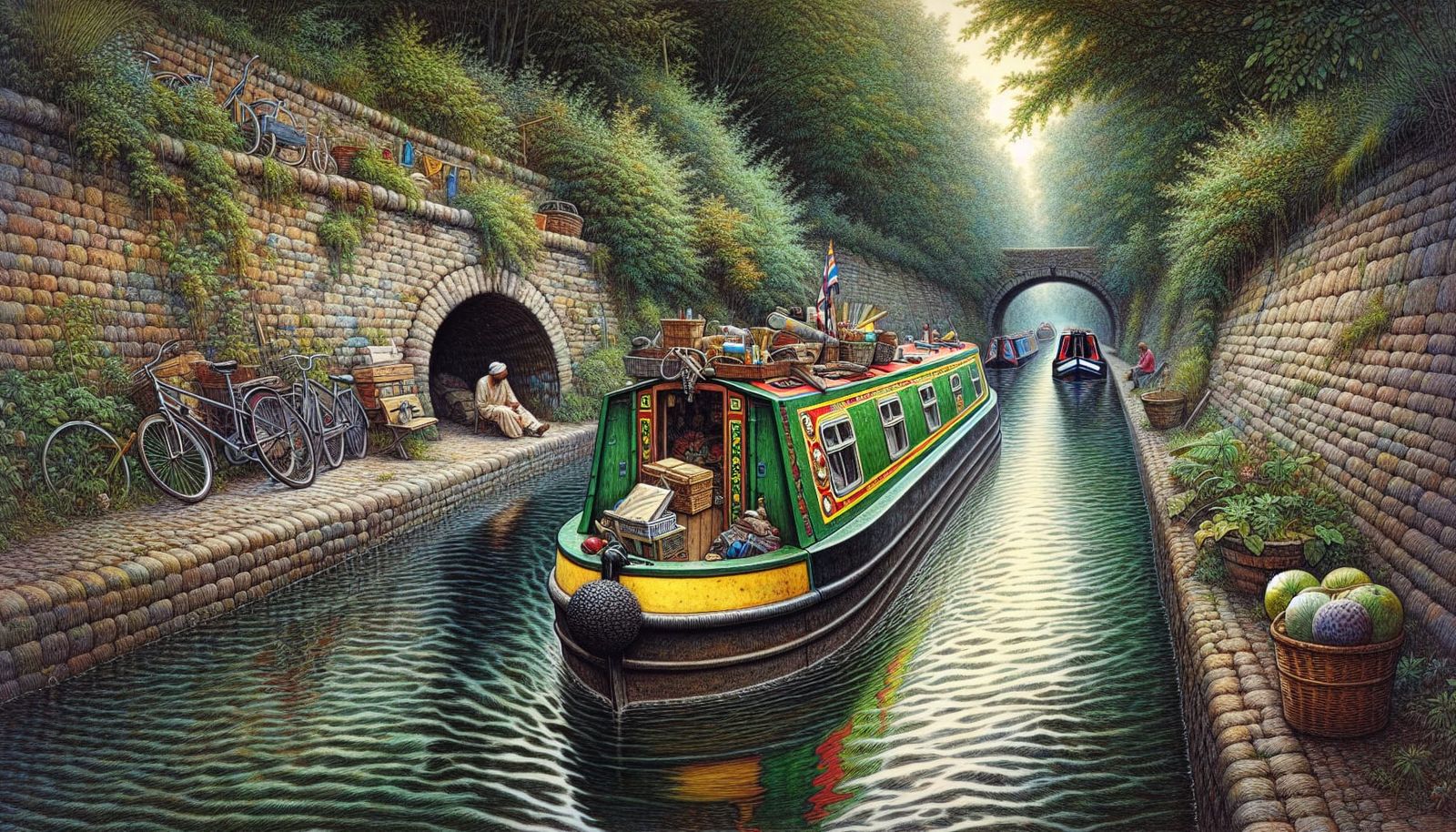 Tranquil Water Canal Scene with Green Narrowboat and Lush Fl...