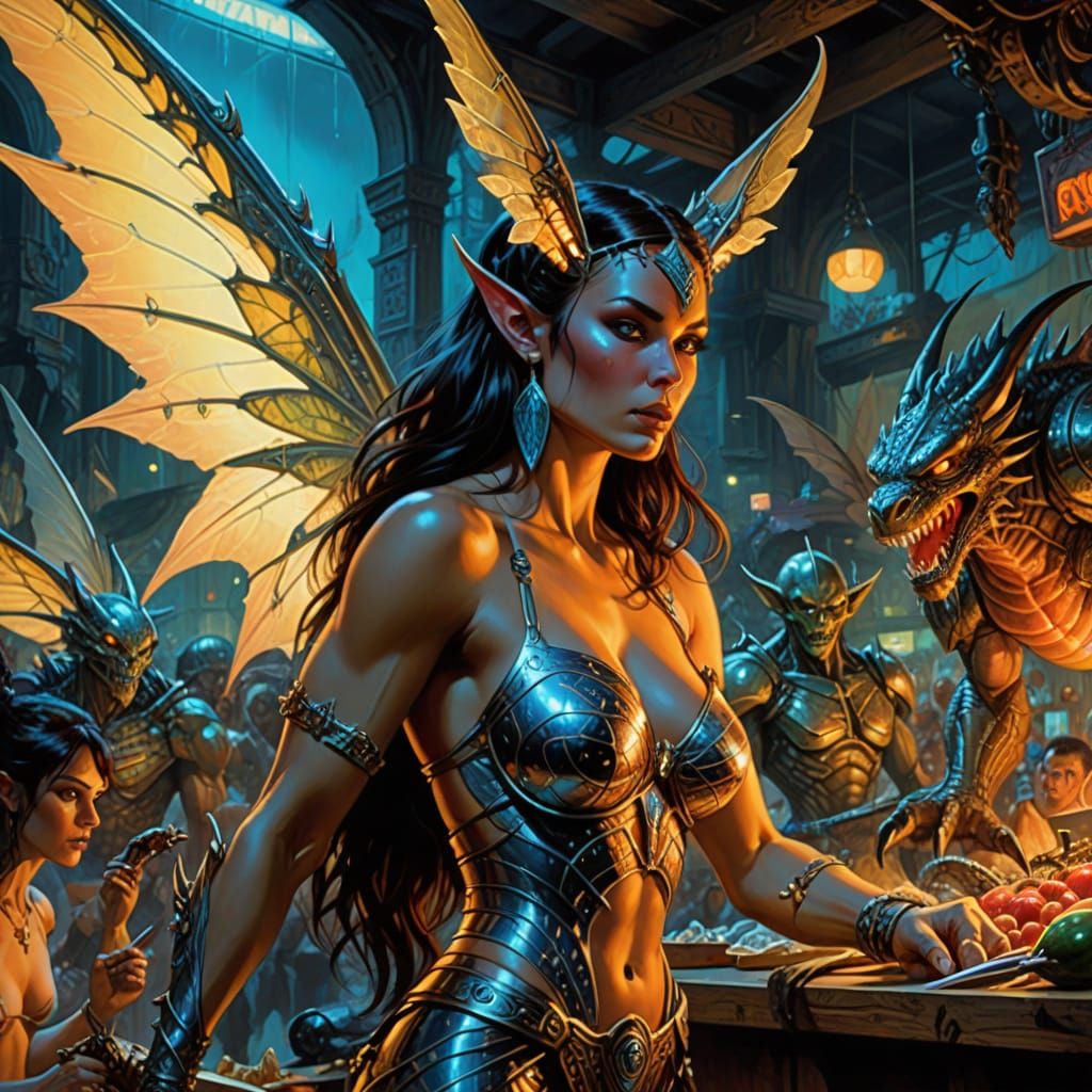 Barbarian Fairy at Alien Market in Sci-Fi Fantasy Style