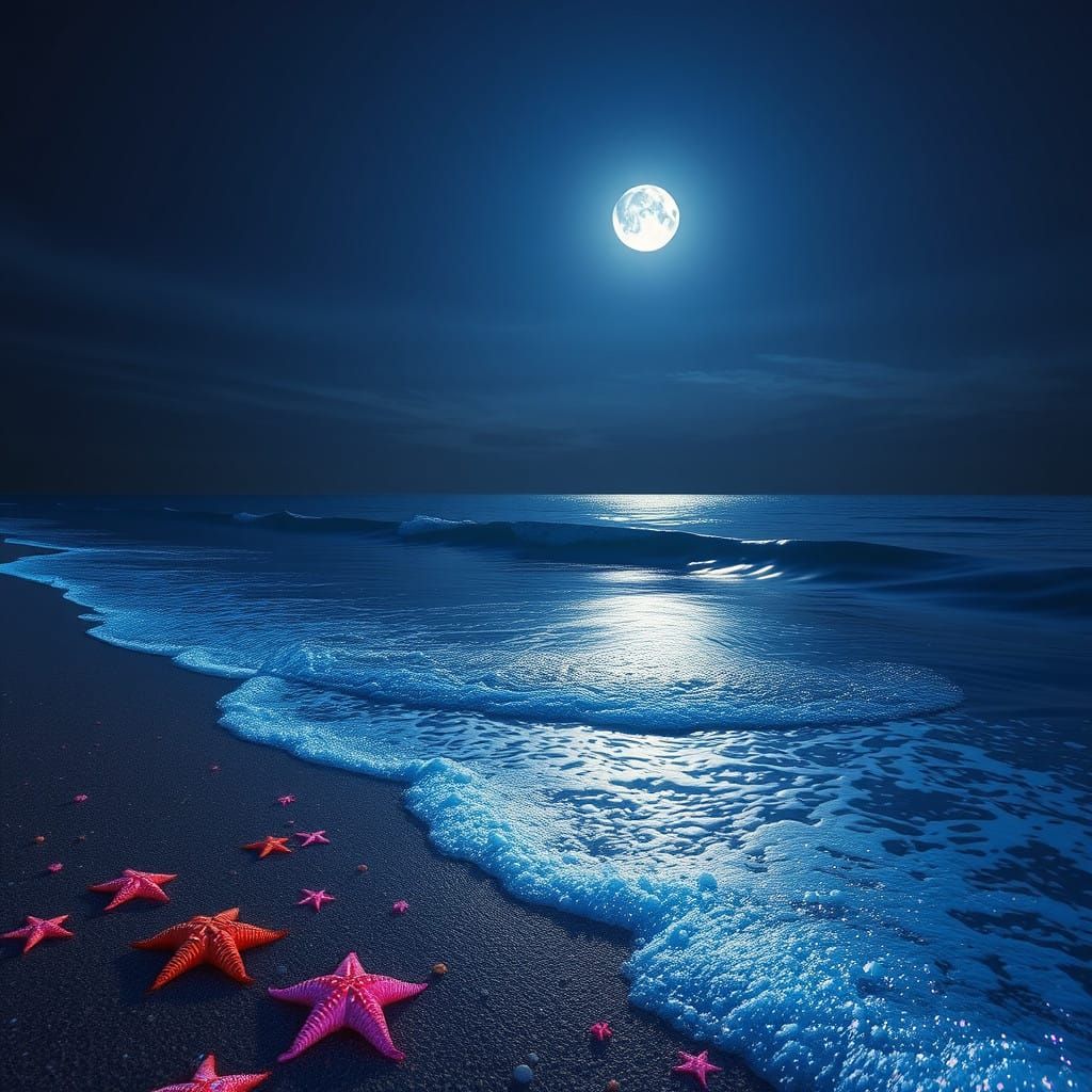 Moonlit Coastal Scene with Glittering Wave and Starfish