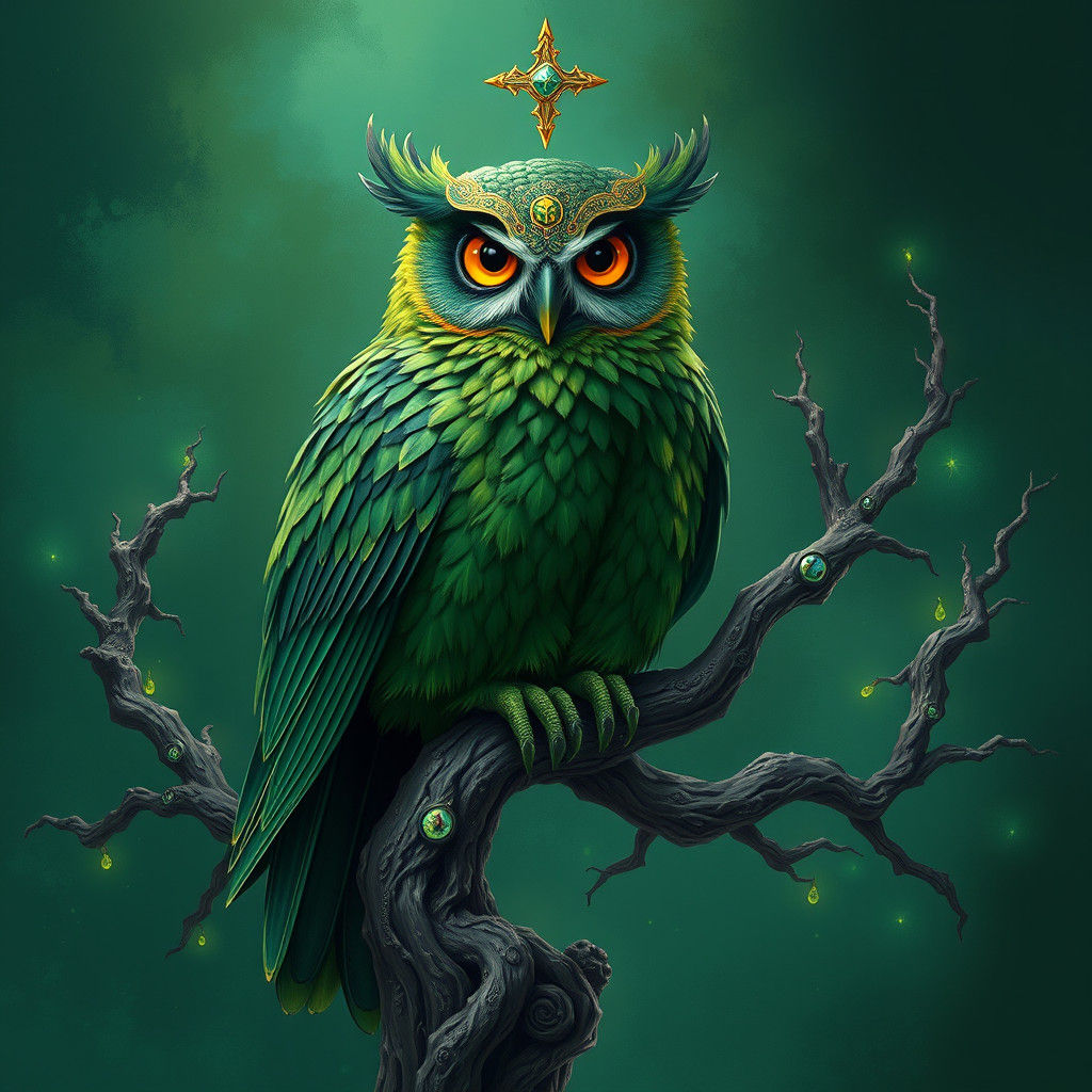 Mystical Green Owl with Glowing Runes